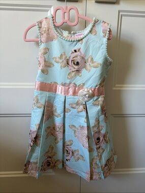 Girl's Floral Satin Belt Dress - Light Blue & Pink